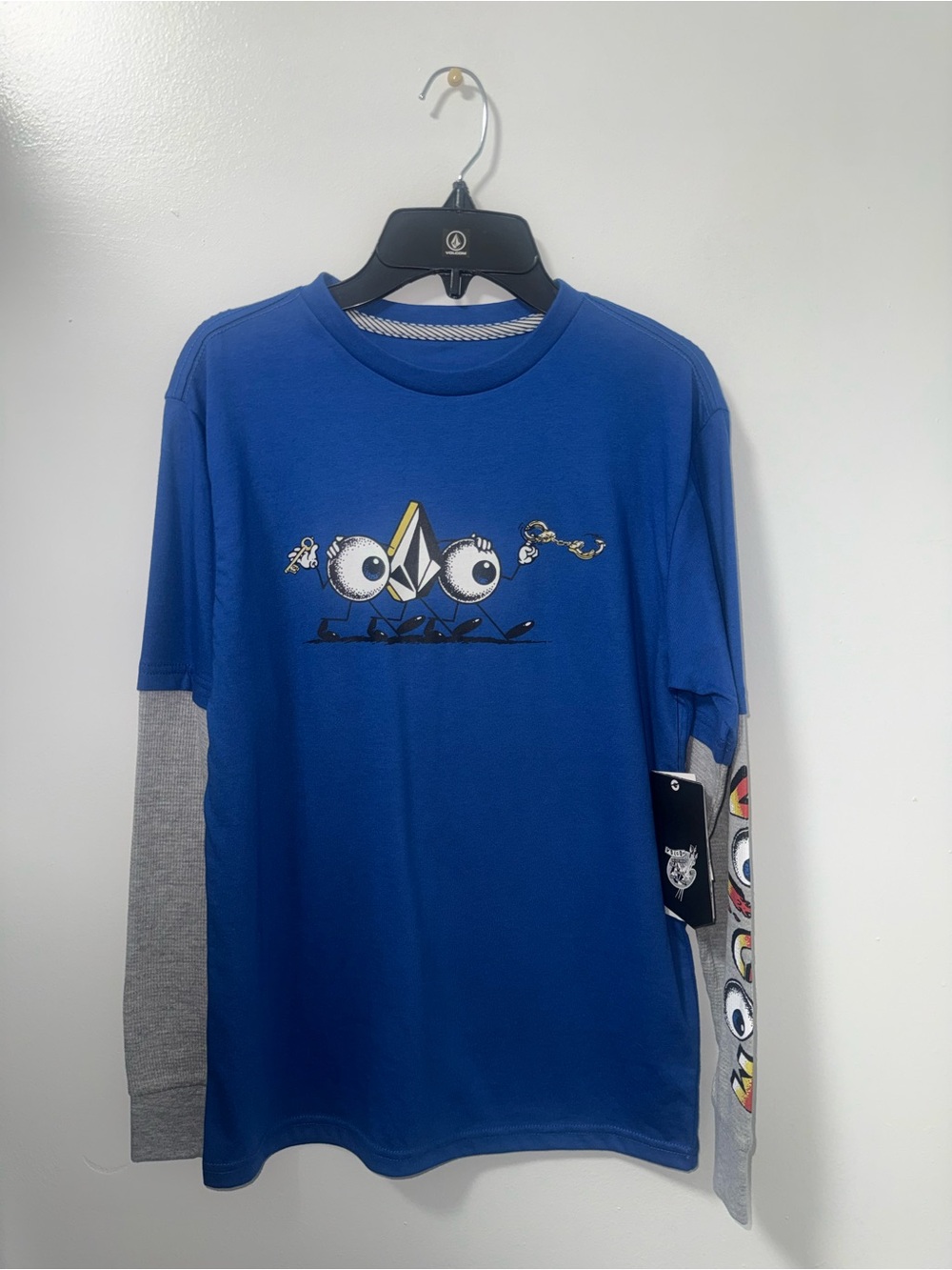 Volcom Blue Graphic Long-Sleeve Layered Tee with Grey Sleeves